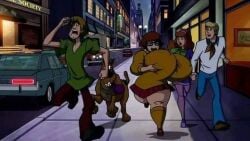 2girls 3boys bouncing_breasts breast_grab canine car city covered_nipples daphne_blake fred_jones gigantic_breasts grabbing_own_breast huge_breasts hyper_breasts night nipples outdoors running scooby-doo scooby-doo_(character) screencap shaggy_rogers standing street thick_thighs third-party_edit velma_dinkley what wide_hips woot