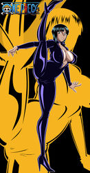 adult_swim black_hair blue_eyes breasts cameltoe catsuit clothing female female_only grimphantom high_heels latex nico_robin nipples one_piece overall pre-timeskip solo tagme toonami