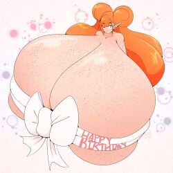 birthday_gift elf freckles hyper_breasts looking_at_viewer orange_hair present ribbon riley_moore_(artist) rilli_oshina tagme theycallhimcake wink