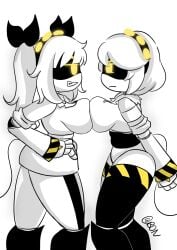 2girls artist_name artist_signature big_breasts breasts_pressed_against_another breasts_pressed_together clothed clothing comparing comparing_breasts competition competitive glaring glitch_productions j_(murder_drones) murder_drones robot robot_girl robot_humanoid short_hair smirk thick_thighs thighs twintails v_(murder_drones) white_background yellow_eyes