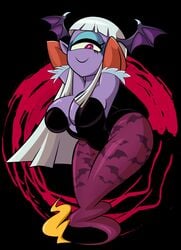 1girls big_breasts breasts cleavage clothing cosplay darkstalkers female fuumin grimphantom hair hands_behind_head head_wings insomni large_breasts long_hair looking_down morrigan_aensland pointy_ears purple_eyes purple_skin smile solo solo_female tagme white_hair wings yo-kai_watch youkai_watch