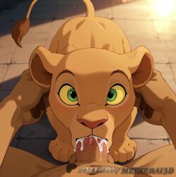 ai_generated cum_in_mouth deepthroat fellatio_from_feral grabbing_head large_penis male_on_feral meikerai3d nala_(the_lion_king) tile_floor