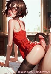 ai_generated bedroom big_penis bob_cut brown_hair buttjob crossdressing dress femboy redcherryart sissy stockings veiny_penis yaoi