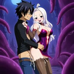 1boy 1girls ai_generated black_hair couple fairy_tail gray_fullbuster mirajane_strauss sensual tentacle white_hair