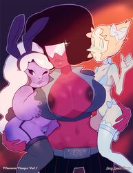 3girls amethyst_(steven_universe) belt black_hair breasts cinnabarbie female female_only garnet_(steven_universe) garter_belt gem_(species) gem_fusion green_eyes large_breasts lesbian looking_at_viewer nipples pearl_(steven_universe) pinup purple_eyes purple_skin red_hair red_skin shortstack steven_universe thighhighs white_hair yuri