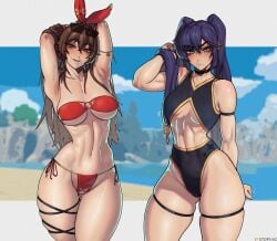 2girls abs amber_(genshin_impact) bare_arms bare_legs bare_shoulders bare_thighs big_breasts bikini bikini_bottom bikini_top black_hair blush brown_eyes brown_hair clothed clothing color female female_focus female_only fit_female genshin_impact hi_res large_breasts light-skinned_female light_skin long_hair looking_at_viewer mona_(genshin_impact) muscles muscular muscular_female solo_female stopu tagme thick_thighs