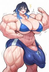 1futa abs ai_generated balls bulge erection_under_clothes fangs flexing futanari hololive hololive_english huge_breasts huge_cock huge_muscles large_penis muscular_futanari ouro_kronii shorts testicles veins virtual_youtuber