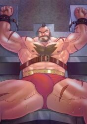 balls bara beard bulge facial_hair flaccid genta_iwayama male male_only muscles muscular penis solo solo_male street_fighter sweat sweating zangief