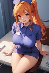 1girls ai_generated ane_wa_yanmama_junyuuchuu_in_jikka blush blush blush_lines brown_eyes crossed_legs dh_lucky ginger_hair large_breasts long_hair milf nurse nurse_cap nurse_outfit nurse_uniform open_mouth orange_hair sano_aika sitting_on_chair smile smiley_face solo