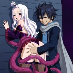 1boy 1girls ai_generated black_hair couple fairy_tail gray_fullbuster mirajane_strauss sensual tentacle white_hair