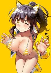 animal_ears bikini blush breasts brown_hair cleavage collarbone fake_animal_ears female grin hairband highres jacket kekemotsu kneehighs large_breasts long_hair long_sleeves looking_at_viewer navel one_eye_closed open_clothes open_jacket original ponytail shoes sidelocks smile socks solo striped_bikini striped_clothes swimsuit tail thighs tiger_ears tiger_stripes tiger_tail yellow_background yellow_bikini yellow_eyes yellow_jacket yellow_shoes
