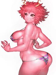 1girls against_wall aqua_bikini arched_back ass_cleavage bare_shoulders big_butt bikini black_sclera breasts butt butt_crack camouflage camouflage_bikini female female_only fumio_(rsqkr) grin large_breasts looking_at_viewer looking_back mina_ashido my_hero_academia pink_hair pink_skin purple_bikini short_hair sideboob smile solo swimsuit thick_thighs thighs yellow_eyes