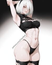 1girls ai_generated armpits arms_up big_ass caprinai freckles gradient_background green_eyes hair_between_eyes highres medium_breasts midriff navel nier:_automata ripped_clothing seductive_look short_hair simple_background skindentation stomach stretching sweat sweatdrop thick_thighs thighhighs thighs thong white_hair yorha_2b