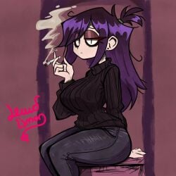 big_breasts black_pants black_sweater breasts cigarette cigarette_in_hand dark_hair eyeshadow fair-skinned_female fair_skin goth goth_girl gothic lewdlimon looking_bored looking_off_screen purple_hair resting_bitch_face sitting sitting_down sitting_on_desk smoking sweater