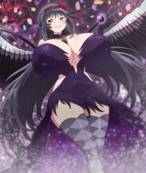 1girls akemi_homura akuma_homura alternate_breast_size black_hair blush breasts busty covered_navel dress erect_nipples_under_clothes female female_only hair_ribbon highres hitokiwa_kenchin huge_breasts light-skinned_female light_skin long_hair looking_at_viewer navel nipple_bulge nipples parted_lips png puella_magi_madoka_magica ribbon skindentation smile solo thighhighs