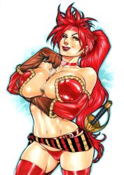 1girls artist_name artist_signature battle_chasers ed_benes_studio fred_benes ginger_hair huge_breasts latex_gloves latex_panties latex_thighhighs red_hair red_monika seductive_look solo_female solo_focus voluptuous voluptuous_female