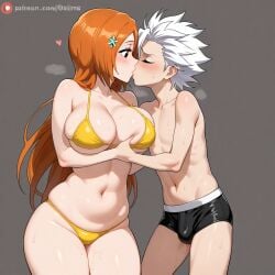 ai_generated bikini bleach bleach:_the_thousand-year_blood_war couple hitsugaya_toushirou inoue_orihime inoue_orihime lewd orange_hair petite_male sensual toshiro_hitsugaya white_hair