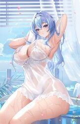 after_bathing armpits arms_up bathroom bathtub blue_eyes blue_hair breasts cloud covered_navel curtains female goddess_of_victory:_nikke hair_intakes hair_over_breasts hanh_chu helm_(nikke) helm_(post-shower_moment)_(nikke) highres huge_breasts indoors long_hair looking_at_viewer nightgown official_alternate_costume see-through_clothes sideboob sky solo thick_thighs thighs towel water wet wet_hair white_nightgown