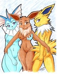 2017 anthro artist_name ass breast_grab breasts colored dated eevee eeveelution female generation_1_pokemon genitals group hand_on_breast holding_breast jolteon looking_at_viewer looking_back nintendo nipples pokemon pokemon_(species) pussy text traditional_media_(artwork) trio vaporeon yiffmasters