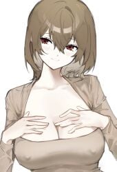 1girls atlus big_breasts brown_hair genderswap_(mtf) goro_akechi large_breasts nipples_visible_through_clothing persona_5 red_eyes slight_blush