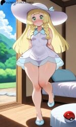 1girls ai_generated bangs bedroom blonde_hair blush dress female green_eyes hat lay-oreo legs lillie_(pokemon) long_hair looking_at_viewer pokemon small_breasts small_female tagme thick_thighs