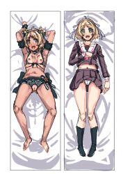 1girls arisugawa_school_uniform armpits arms_above_head bikini blonde_hair breasts clothed clothed_female d4dj exposed_breasts exposed_panties exposed_pussy feet green_eyes laying_down laying_on_back laying_on_bed midriff open_mouth panties ribbon_in_hair school_uniform schoolgirl schoolgirl_uniform shougunsouko swimsuit swimwear takeshita_miiko takeshita_miiko_(paddle_through_the_waves) tan_body tanline thighs white_ribbon