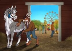 amusement_ride animal_genitalia animal_penis anthro anthro_on_feral antlers balls barn biped blue_eyes brown_body brown_fur brown_hair cervine clothed clothing cloven_hooves day deer duo_focus equid equine equine_genitalia equine_penis erection feral ferris_wheel flared_penis fully_clothed fur genitals grey_body grey_fur group hair handjob hay hi_res hooves horn human inside leg_markings male male/male male_on_feral mammal markings medial_ring new_world_deer penile penis plant quadruped rufciu sex shaded short_hair signature sky snout socks_(marking) tree unguligrade white-tailed_deer white_body white_fur yellow_eyes zoophilia