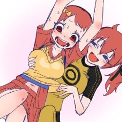 :d ami_aiba blush digimon digimon_story digimon_story:_cyber_sleuth doodle dutch_angle evil_smile female_pervert female_protagonist_(digimon_story) female_protagonist_(digimon_world_ds) fully_clothed gerusyu groping groping_breasts groping_from_behind half-closed_eyes large_breasts naughty_smile scared tears worried