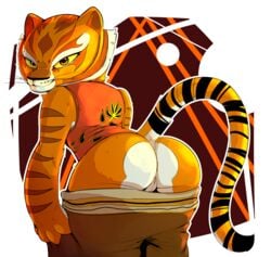 actionbastardvirginblstr anthro ass clothed clothing feline female fur kung_fu_panda looking_at_viewer looking_back mammal master_tigress mooning orange_eyes pants pants_down partially_clothed presenting presenting_hindquarters presenting_pussy pussy smile solo striped_fur stripes tiger yellow_sclera