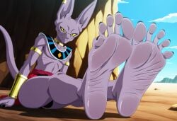 1boy ai_generated ass background beerus black_toenails cat_humanoid catboy dragon_ball dragon_ball_super earrings feet foot_fetish fuealahomg highres male_only muscular muscular_male painted_toenails pointy_nails purple_body sitting sitting_on_floor smile smiling smiling_at_viewer soles solo solo_male sweat sweatdrop sweaty_feet toe_claws toenail_polish toenails toes wrinkles yellow_eyes