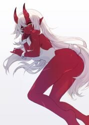 akumi ass bare_shoulders barefoot bracelet breasts demon_girl eyebrows_visible_through_hair female gradient gradient_background grey_background hair_between_eyes horns jewelry large_breasts long_hair looking_at_viewer pointy_ears red_skin sideboob smile solo tail thighs very_long_hair virtual_youtuber vyugen white_hair yellow_eyes