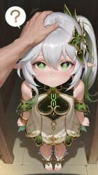 expressionless genshin_impact headpat looking_at_viewer nahida_(genshin_impact) petite pov pov_eye_contact spoken_question_mark standing wholesome