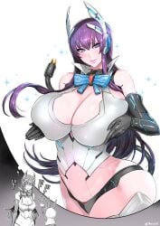 bare_shoulders black_gloves blue_eyes breasts cleavage curvy elbow_gloves fei_(maidoll) female gloves hammer headgear highres huge_breasts long_hair looking_at_viewer parted_lips phantasy_star phantasy_star_online_2 plug purple_hair smile thought_bubble wide_hips