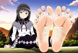 1girls ai_generated akemi_homura background black_hair black_toenails breasts feet female_only foot_fetish fuealahomg highres legs legwear painted_toenails pov_eye_contact purple_eyes shy soles solo solo_female spread_toes toenail_polish toenails toes wrinkled_soles