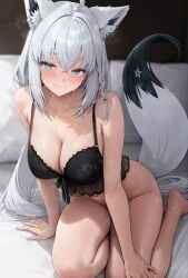 ahoge ai-assisted animal_ear_fluff animal_ears aqua_eyes barefoot black_bra black_camisole bottomless bra braid breasts camisole cleavage closed_mouth collarbone crossed_bangs feet female fox_ears fox_tail grey_hair highres hololive hyouhyou lingerie long_hair looking_at_viewer medium_breasts navel shirakami_fubuki sidelocks smile sweat tail thighs underwear virtual_youtuber