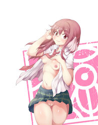 blush breasts brown_eyes brown_hair female medium_breasts navel nipples no_bra no_panties open_shirt pussy sakura_trick school_uniform smile solo takayama_haruka