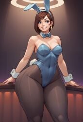 ai_generated bar blue_eyes brown_hair bunny_ears bunny_girl bunny_tail bunnysuit earring gyakuten_saiban pantyhose ribbon smiling table thick_legs thick_thighs tight_clothing trucy_wright