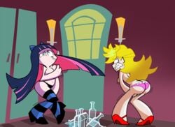 2girls grimphantom holding_urine panties panty_&_stocking_with_garterbelt panty_anarchy siblings sisters stocking_anarchy tagme topless