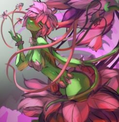 black_sclera blurry blurry_foreground breasts depth_of_field female long_hair monster_girl pink_hair plant_girl vines