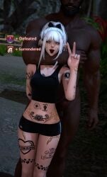 1boy 1girls blacked choke_hold crop_top dark-skinned_male degenxiv eyes_rolling_back final_fantasy final_fantasy_xiv hair_ornament hair_ribbon hi_res light-skinned_female original_character peace_sign queen_of_spades runny_makeup spade_tattoo square_enix status_effect tattoo v_sign white_hair
