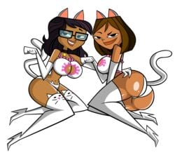 2girls alpha_channel bimbo breasts busty cat_ears cat_tail catgirl cleavage cleavage_cutout courtney_(tdi) dark-skinned_female ellody_(tdi) for_sticker_use freckles grimphantom high_heel_boots no_background panties png sticker_template the_ridonculous_race total_drama_island transparent_background transparent_png voluptuous