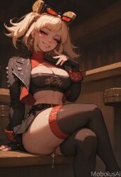 ai_generated bar_(place) black_thighhighs blonde_female blonde_hair burnice_white crop_top cum cum_drip cum_in_pussy female legs mobolusai short_skirt teasing thighhighs thighs zenless_zone_zero