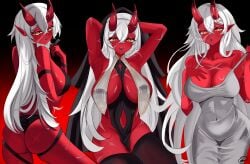 adjusting_hair akumi bare_shoulders blush breasts choker cleavage collarbone covered_nipples dress female grey_background hair_between_eyes horns large_breasts long_hair looking_at_viewer multiple_views navel oni oni_horns parted_lips pointy_ears red_oni red_skin simple_background sitting skin-covered_horns tattoo thighhighs tongue tongue_out very_long_hair virtual_youtuber vyugen white_hair yellow_eyes