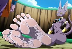 1boy ai_generated ass background beerus black_toenails cat_humanoid catboy dragon_ball dragon_ball_super earrings feet foot foot_fetish fuealahomg highres male_only muscular muscular_male painted_toenails pointy_nails purple_body sitting sitting_on_floor smile smiling smiling_at_viewer soles solo solo_male sweat sweatdrop sweaty_feet toe_claws toenail_polish toenails toes wrinkles yellow_eyes