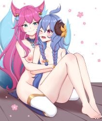 2girls 9_tails ahri animal_ears ass braided_hair breasts completely_nude female female_only horns kindred league_of_legends lewdlux multiple_girls nine_tailed_fox nipples sitting spirit_blossom_ahri spirit_blossom_kindred spirit_blossom_series thighhighs vastaya yuri