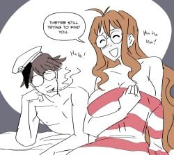 after_sex afterglow brown_hair captain_hat cigarette glasses laughing long_hair majinsfw orange_hair poma_(majinsfw) shitpost short_hair smoking speech_bubble striped_clothing striped_sweater text waldo_(where's_waldo?) where's_waldo