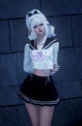 1girls crop_top degenxiv final_fantasy final_fantasy_xiv hair_ornament hair_ribbon hi_res light-skinned_female looking_at_viewer original_character pleated_skirt school_uniform serafuku square_enix white_hair