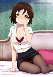 arifureta_shokugyou_de_sekai_saikyou arm_support bare_arms bed bed_sheet black_pantyhose blush bra breasts brown_hair cleavage collarbone green_eyes hand_on_own_face hatayama_aiko indoors megami_magazine nakashige_shunsuke necklace official_art panties_under_pantyhose pantyhose parted_lips red_bra red_panties see-through_clothing short_hair short_sleeves skirt small_breasts teacher unbuttoned_shirt underwear white_shirt