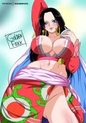 1girls artist_name ass big_breasts black_hair blue_eyes boa_hancock breasts looking_at_viewer one_piece queen seductive seductive_look sex simple_background smile solo white_background