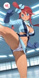 ai_generated athletic_female bare_thighs big_breasts blue_eyes dark-skinned_female dark_skin flower_in_hair game_freak hair_bun huge_breasts huge_thighs latina legs_up massive_breasts nicole_frele nintendo panties pantyhose pokemon pokemon_bw pussy_visible_through_panties red_hair skyla_(pokemon) solo_female squatting stretching sweat sweatdrop thick_body thick_female thick_thighs thighhighs thighs upskirt voluptuous voluptuous_female